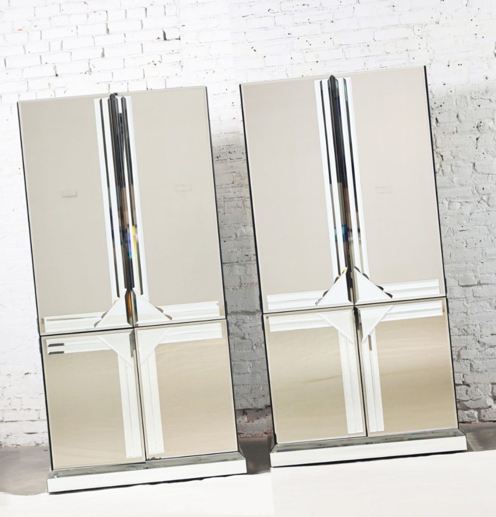 Late 20th Century Postmodern to Art Deco Revival Mirrored Entertainment Cabinet & Armoire a Pair Style of Ello