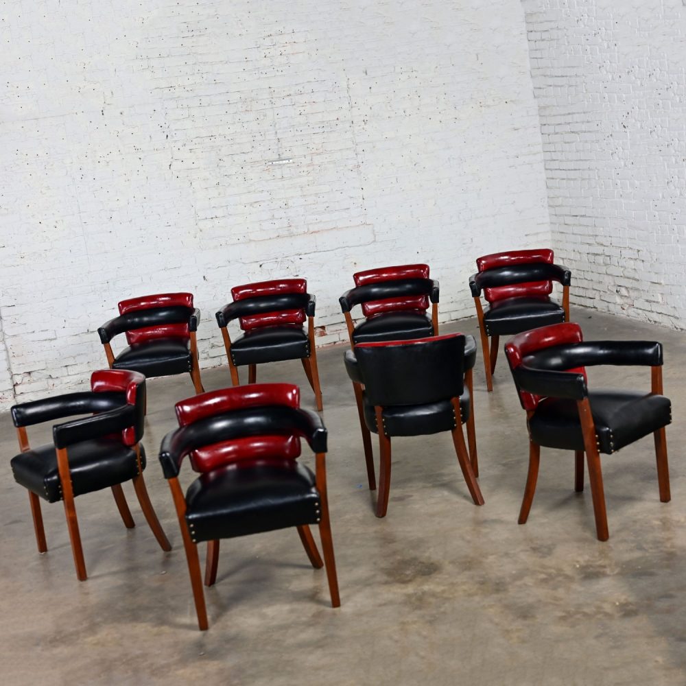 Early 20th Century Art Deco Dining Chairs Set 8 with Red & Black Leather & Walnut Toned Wood Frames