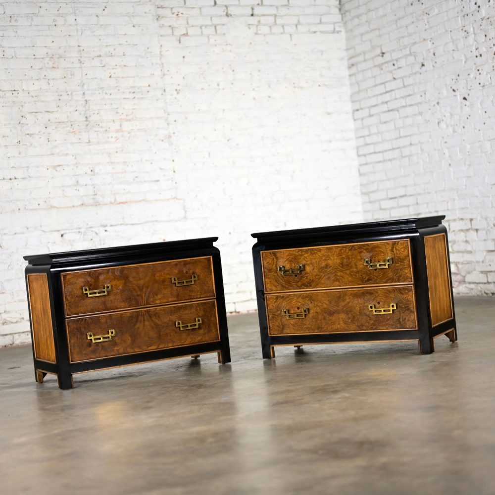 Late 20th Century Chinoiserie Black & Burl Chin Hua Collection Pair of Nightstands or End Tables by Raymond K. Sabota for Century Furniture