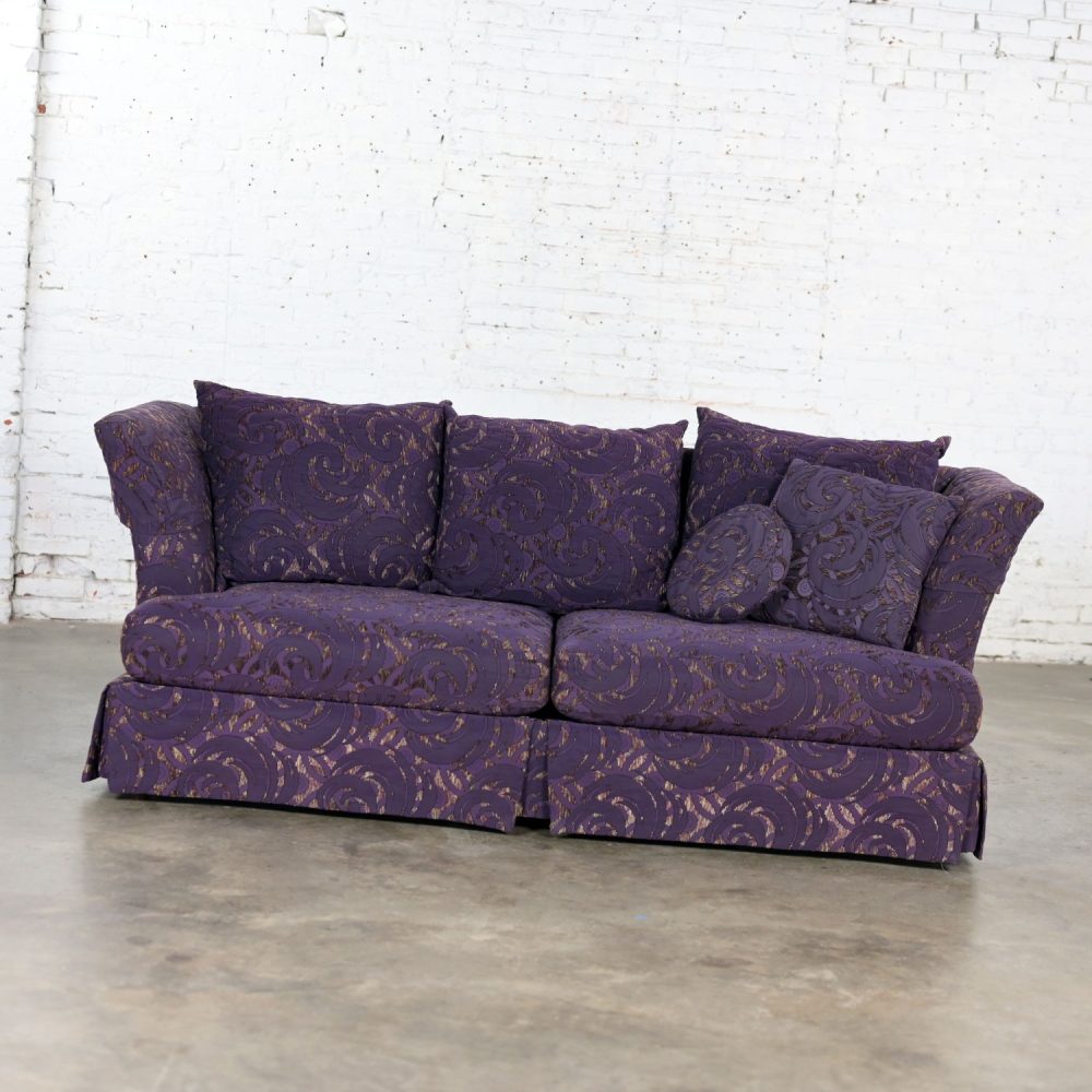 1999 Modern to Hollywood Regency Overscale Modified Tuxedo Sofa with Fantasy Eggplant Fabric