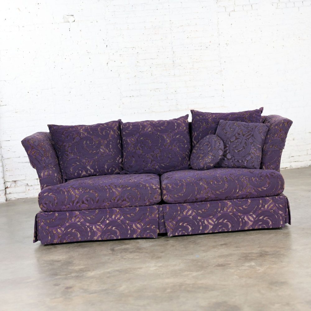 1999 Modern to Hollywood Regency Overscale Modified Tuxedo Sofa with Fantasy Eggplant Fabric