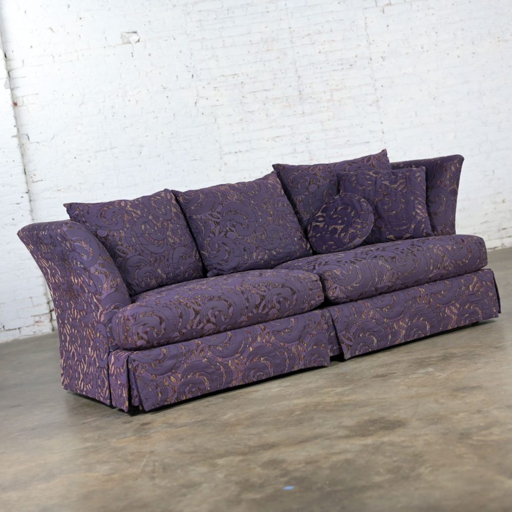 1999 Modern to Hollywood Regency Overscale Modified Tuxedo Sofa with Fantasy Eggplant Fabric