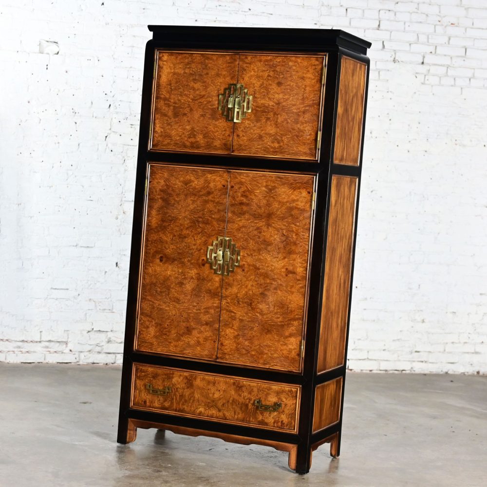 Late 20th Century Chinoiserie Black & Burl Chin Hua Collection Armoire or Entertainment Cabinet by Raymond K. Sabota for Century Furniture