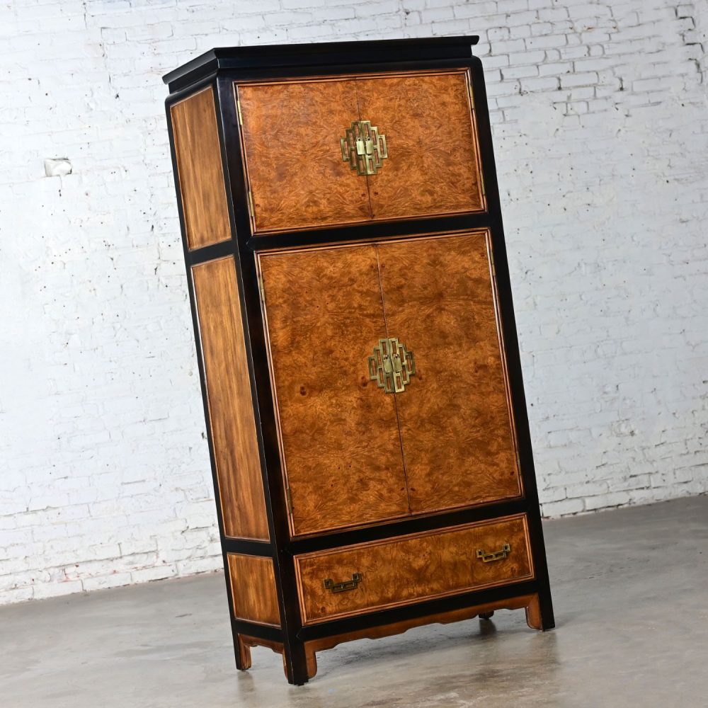 Late 20th Century Chinoiserie Black & Burl Chin Hua Collection Armoire or Entertainment Cabinet by Raymond K. Sabota for Century Furniture