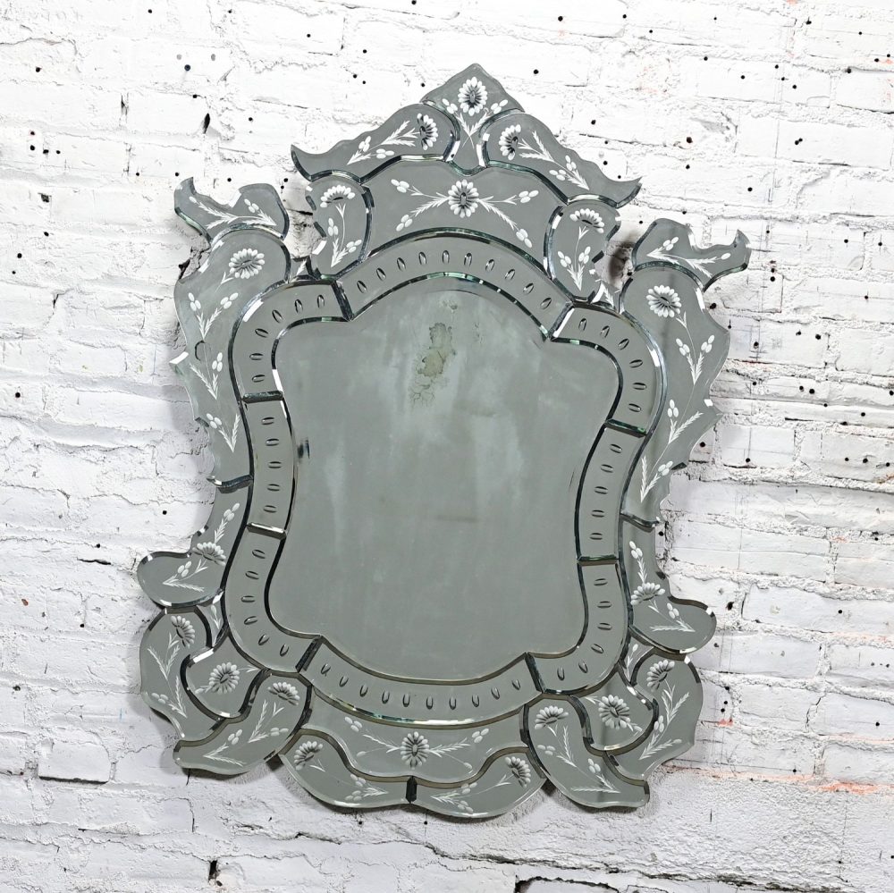 Early to Mid-20th Century Italian Venetian Wall Mirror Cut Glass Sculpted & Engraved Shield Shape