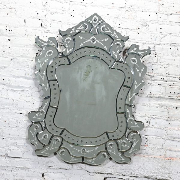 Early to Mid-20th Century Italian Venetian Wall Mirror Cut Glass Sculpted & Engraved Shield Shape