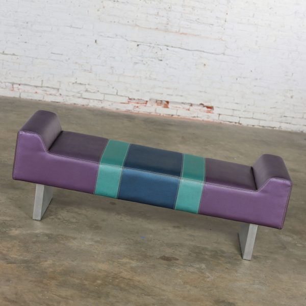 Late 20th Century Postmodern Bench Purple Vinyl & Brushed Aluminum Base After The Memphis Group