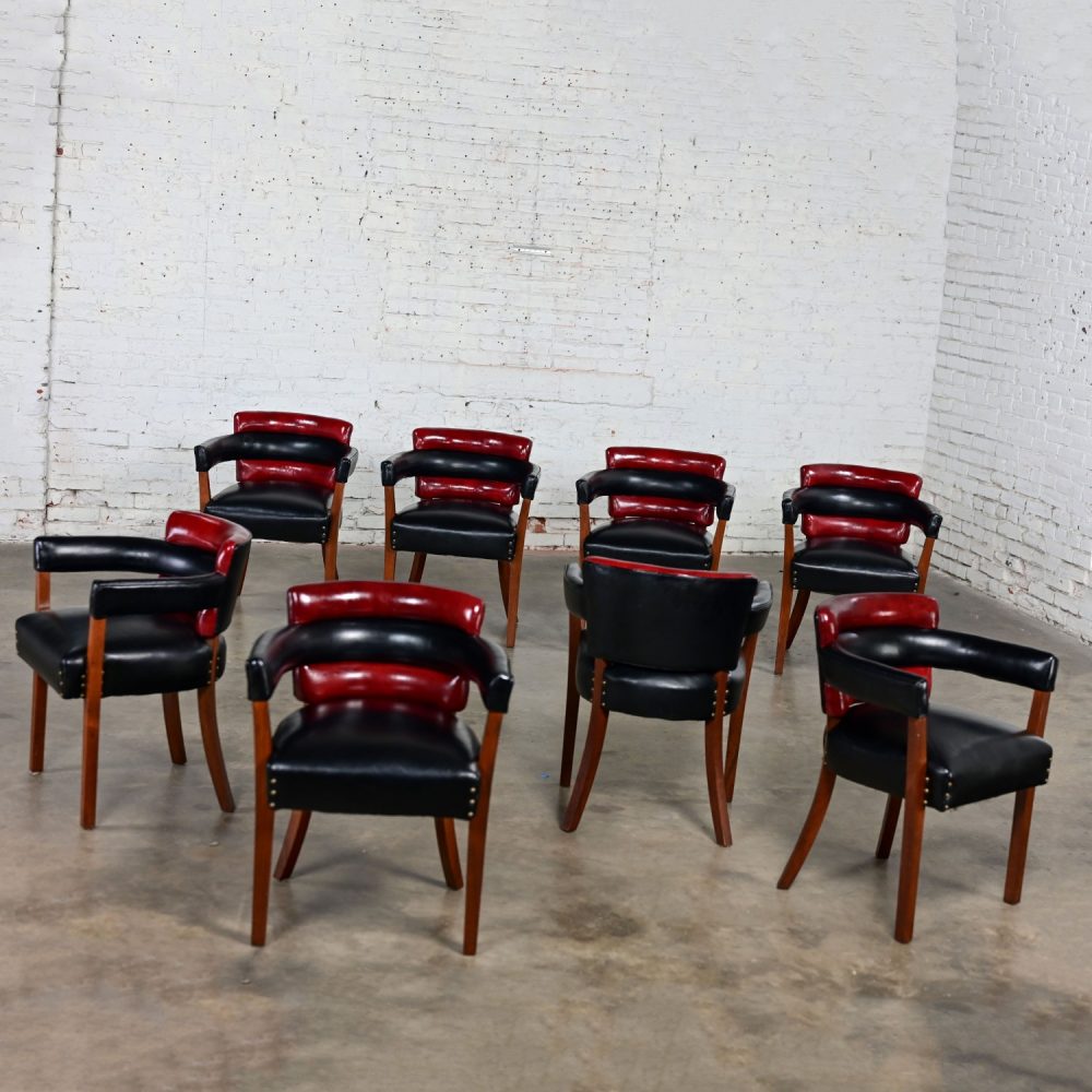 Early 20th Century Art Deco Dining Chairs Set 8 with Red & Black Leather & Walnut Toned Wood Frames