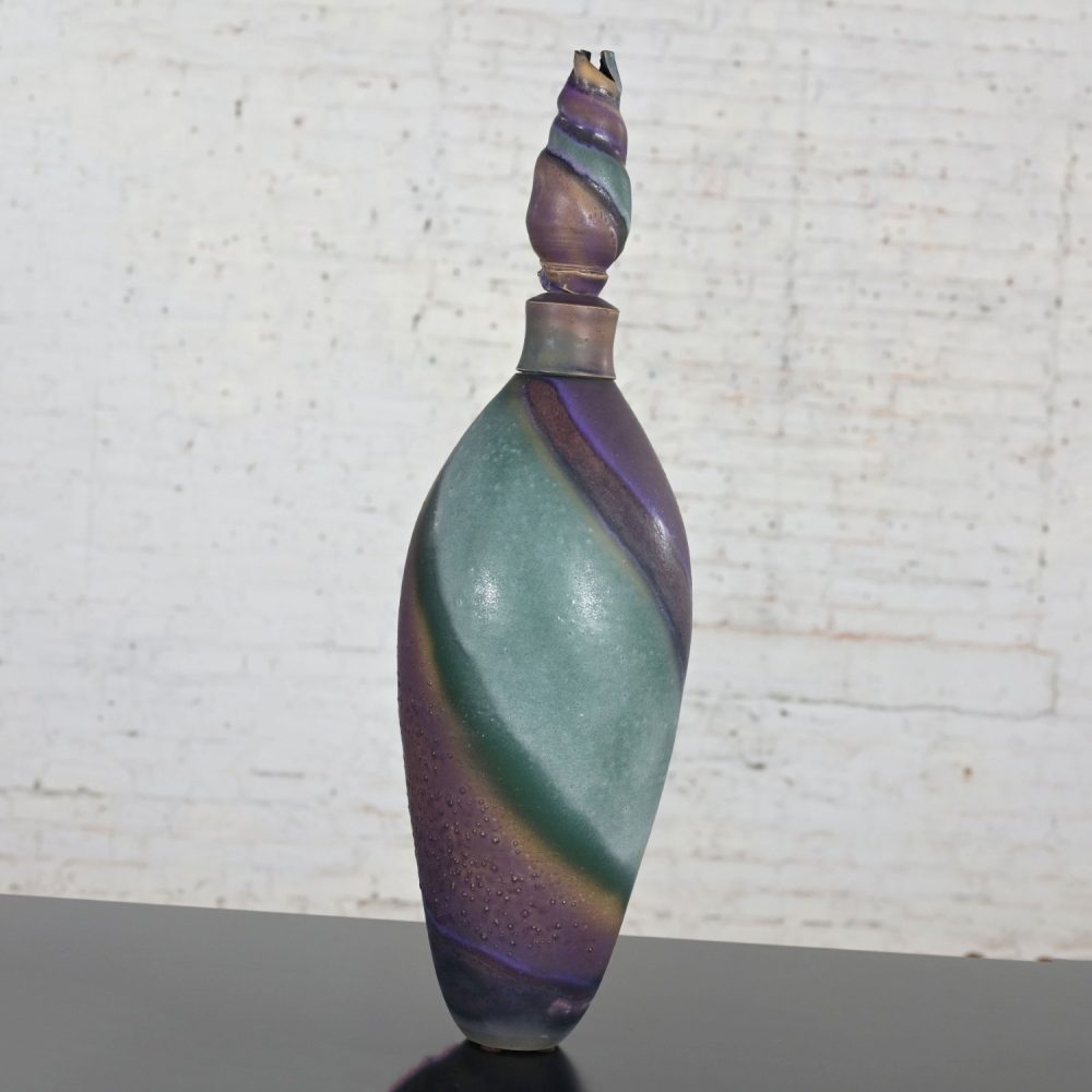 1992 Modern Purple & Teal Swirl Pottery Overscale Bottle or Floor Vessel Artist Signed