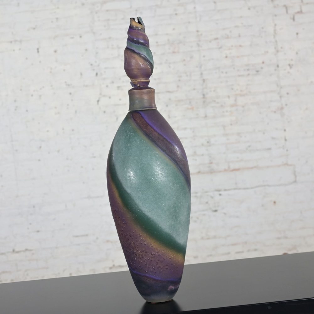 1992 Modern Purple & Teal Swirl Pottery Overscale Bottle or Floor Vessel Artist Signed