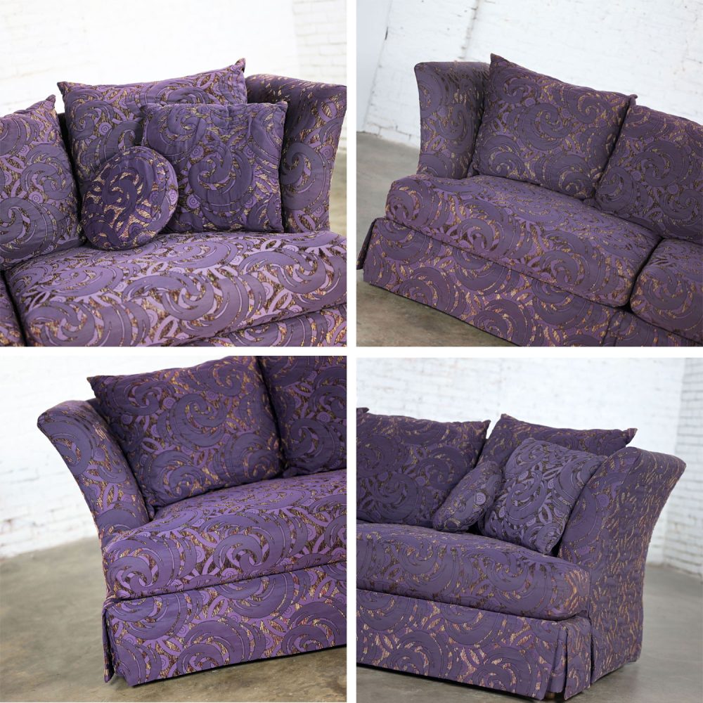 1999 Modern to Hollywood Regency Overscale Modified Tuxedo Sofa with Fantasy Eggplant Fabric