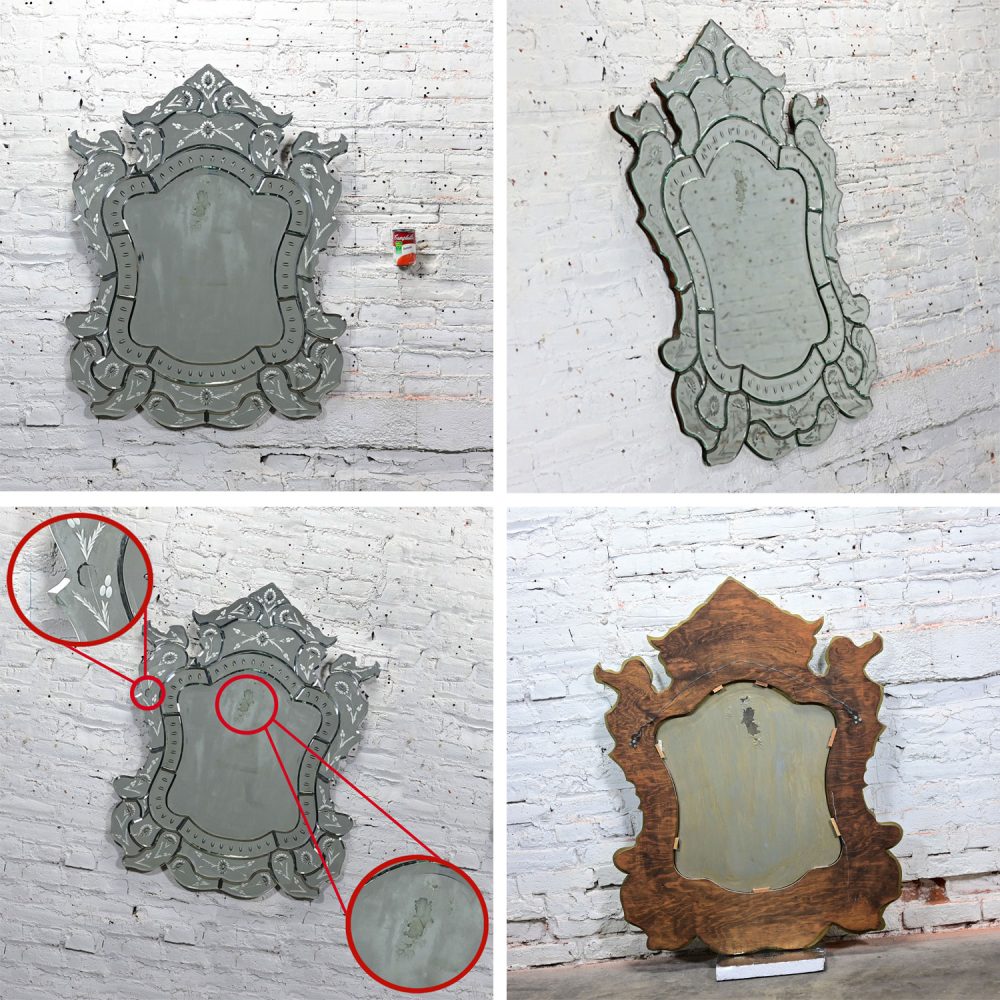 Early to Mid-20th Century Italian Venetian Wall Mirror Cut Glass Sculpted & Engraved Shield Shape