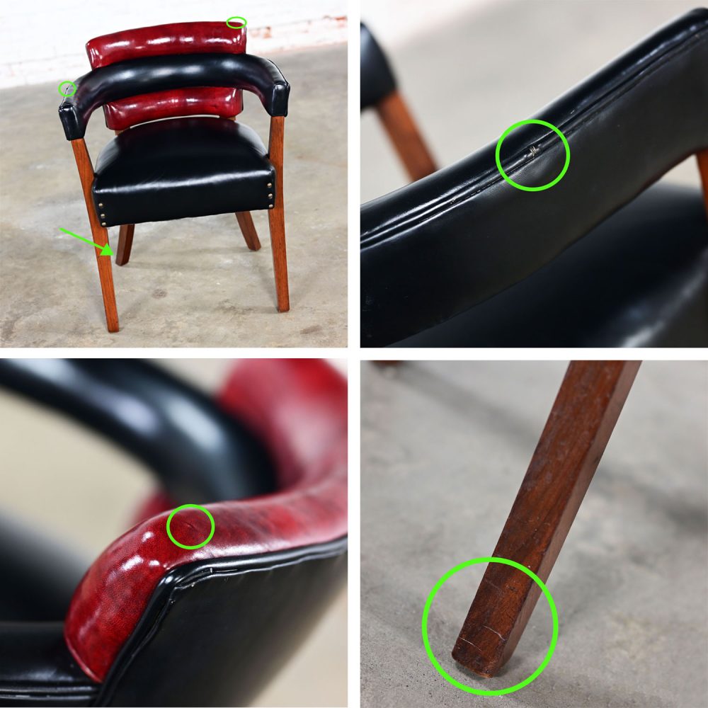 Early 20th Century Art Deco Dining Chairs Set 8 with Red & Black Leather & Walnut Toned Wood Frames