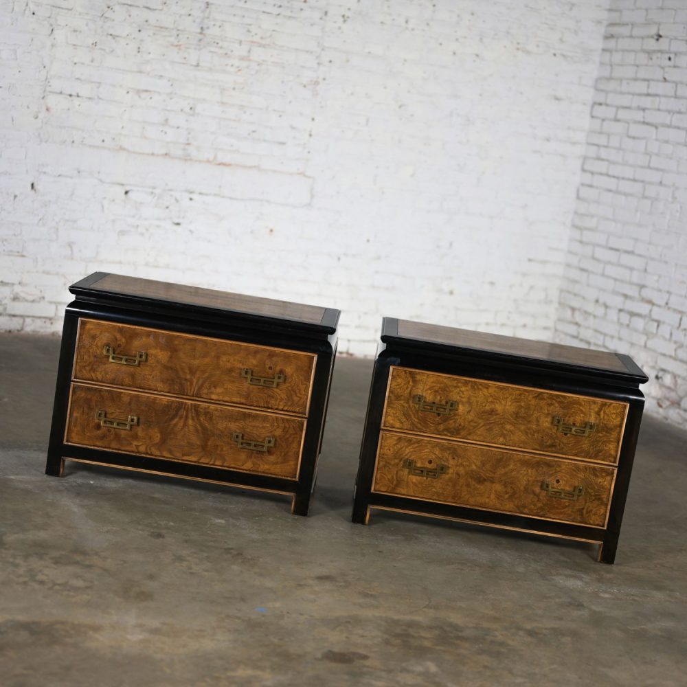 Late 20th Century Chinoiserie Black & Burl Chin Hua Collection Pair of Nightstands or End Tables by Raymond K. Sabota for Century Furniture