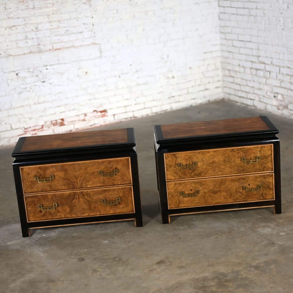 Late 20th Century Chinoiserie Black & Burl Chin Hua Collection Pair of Nightstands or End Tables by Raymond K. Sabota for Century Furniture