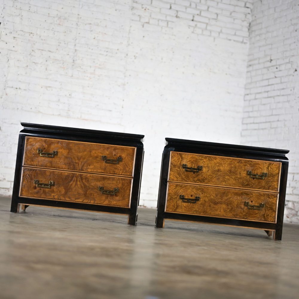 Late 20th Century Chinoiserie Black & Burl Chin Hua Collection Pair of Nightstands or End Tables by Raymond K. Sabota for Century Furniture