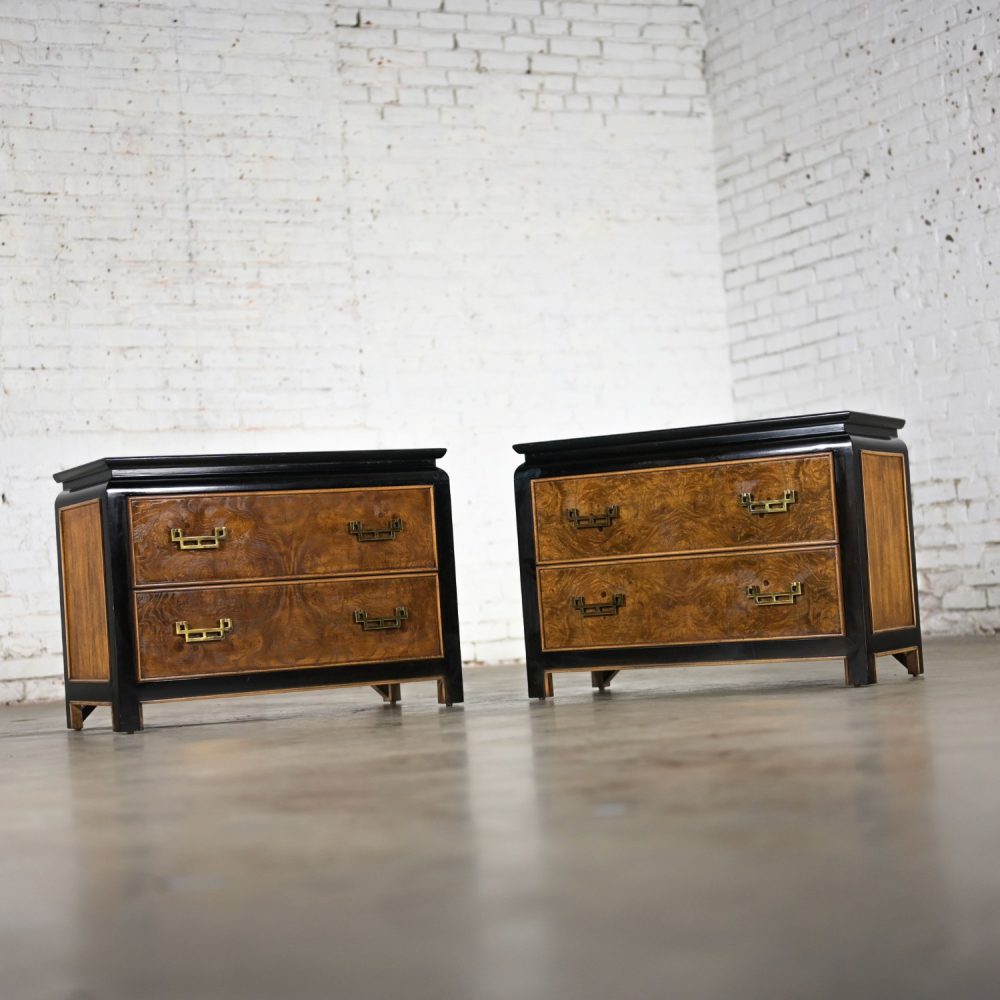 Late 20th Century Chinoiserie Black & Burl Chin Hua Collection Pair of Nightstands or End Tables by Raymond K. Sabota for Century Furniture