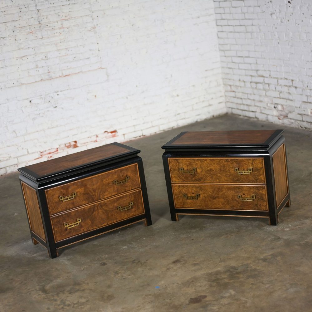 Late 20th Century Chinoiserie Black & Burl Chin Hua Collection Pair of Nightstands or End Tables by Raymond K. Sabota for Century Furniture