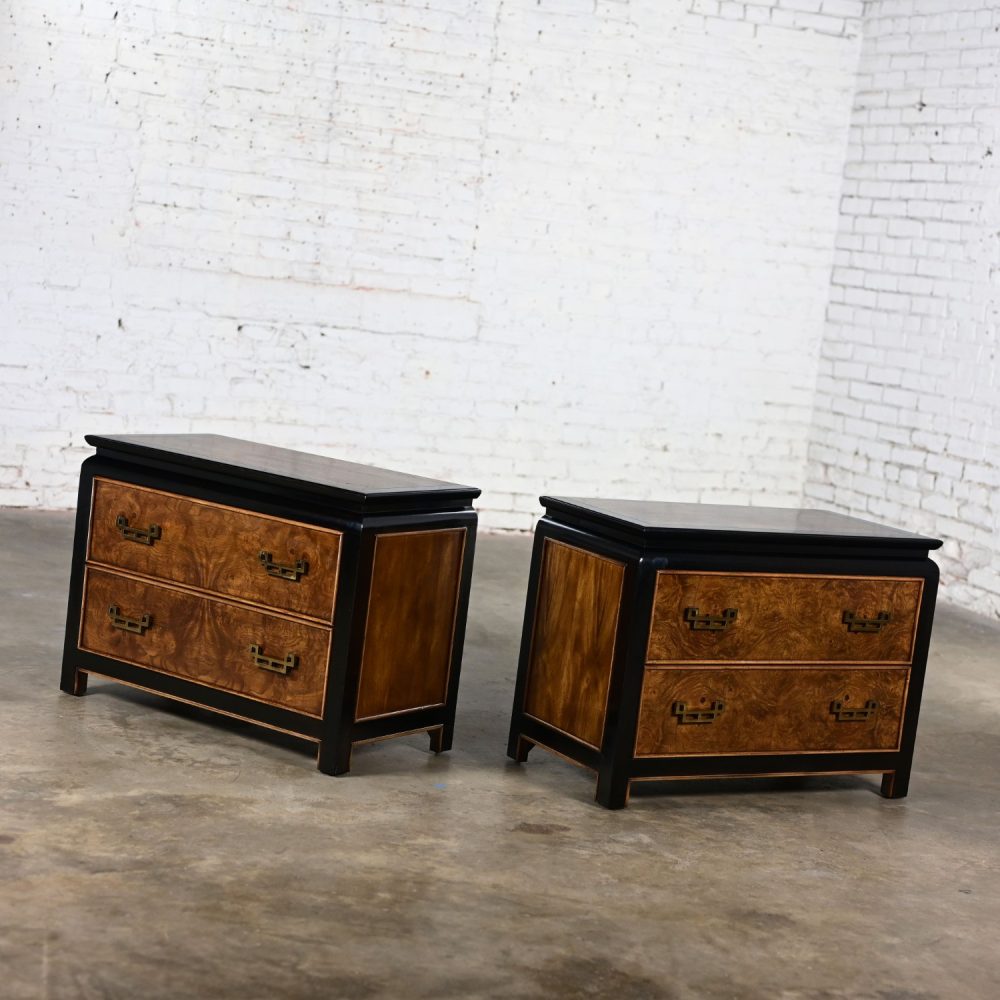 Late 20th Century Chinoiserie Black & Burl Chin Hua Collection Pair of Nightstands or End Tables by Raymond K. Sabota for Century Furniture