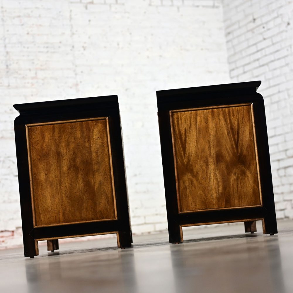 Late 20th Century Chinoiserie Black & Burl Chin Hua Collection Pair of Nightstands or End Tables by Raymond K. Sabota for Century Furniture