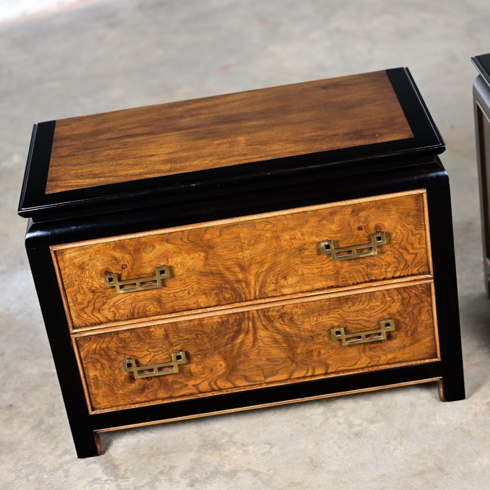 Late 20th Century Chinoiserie Black & Burl Chin Hua Collection Pair of Nightstands or End Tables by Raymond K. Sabota for Century Furniture