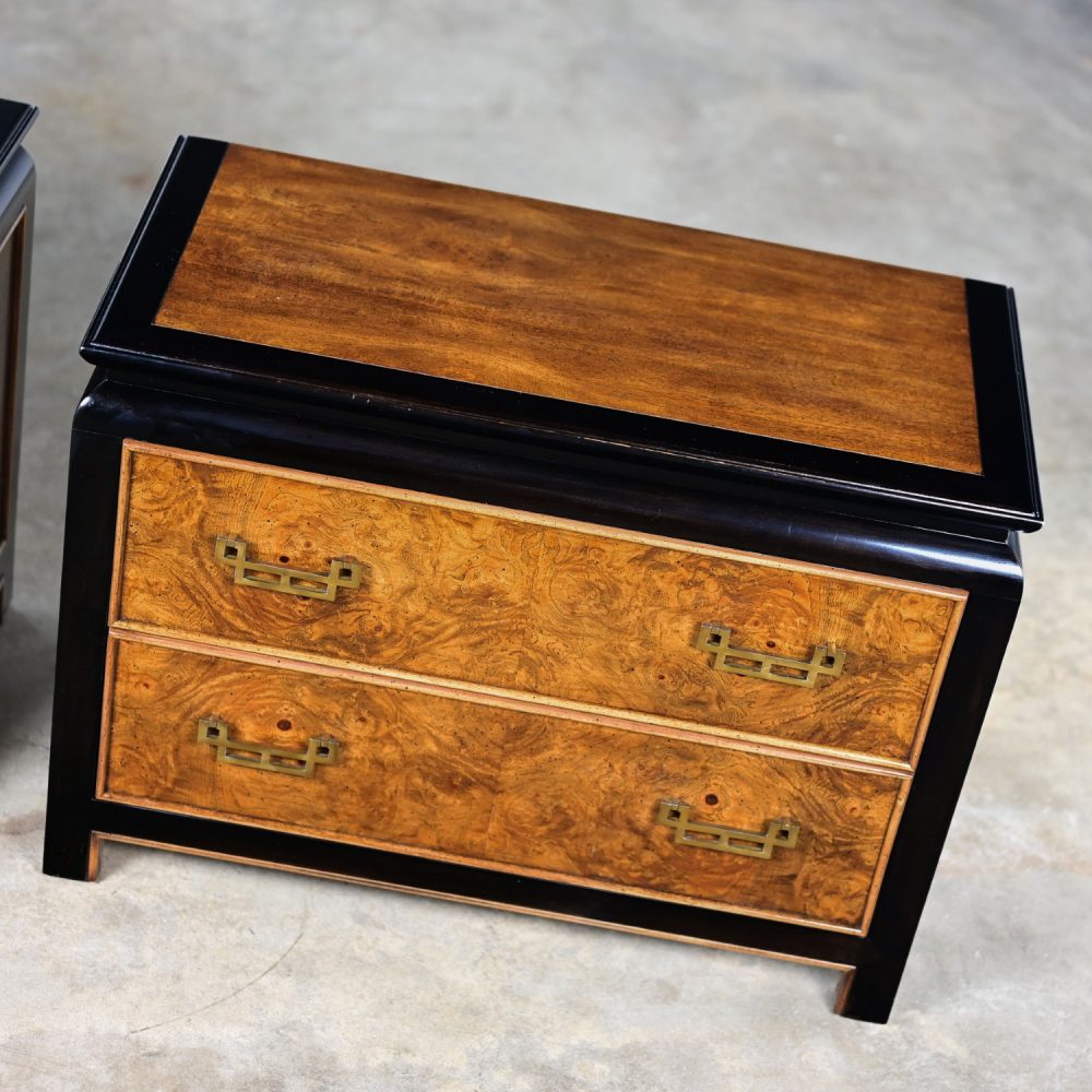 Late 20th Century Chinoiserie Black & Burl Chin Hua Collection Pair of Nightstands or End Tables by Raymond K. Sabota for Century Furniture