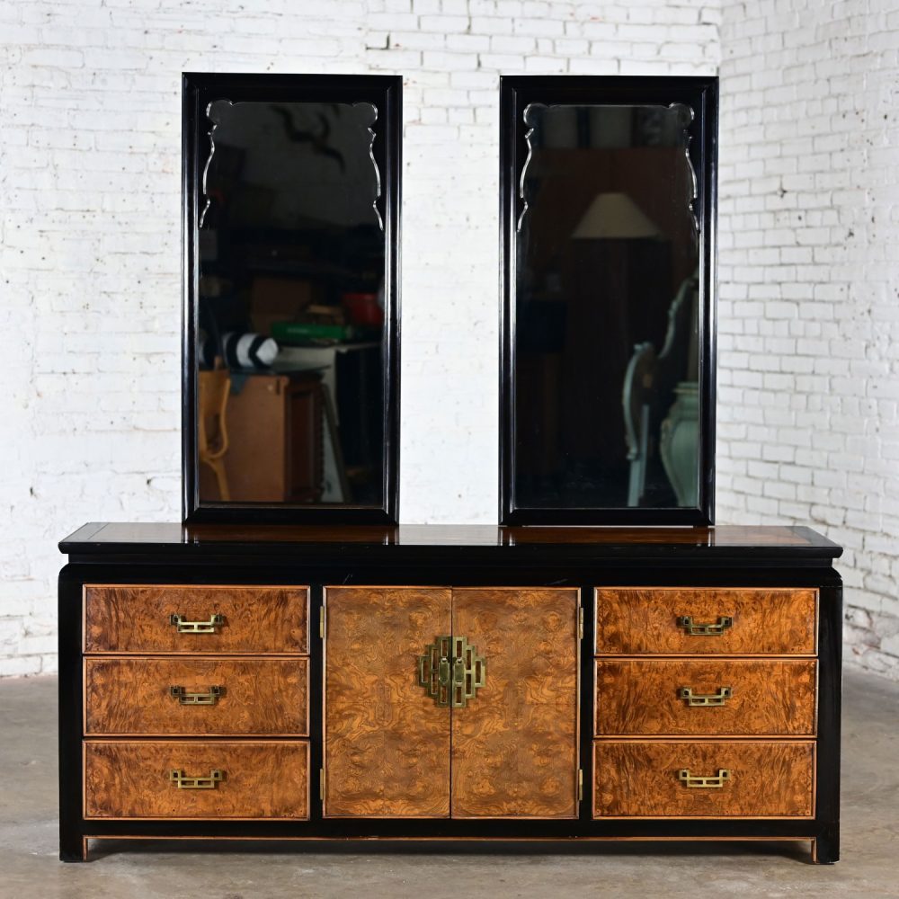 Late 20th Century Chinoiserie Black & Burl Chin Hua Collection Dresser or Sideboard by Raymond K. Sabota for Century Furniture