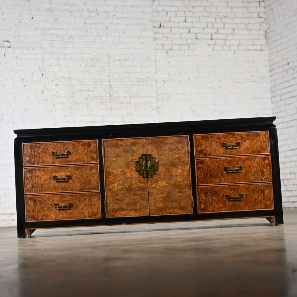 Late 20th Century Chinoiserie Black & Burl Chin Hua Collection Dresser or Sideboard by Raymond K. Sabota for Century Furniture