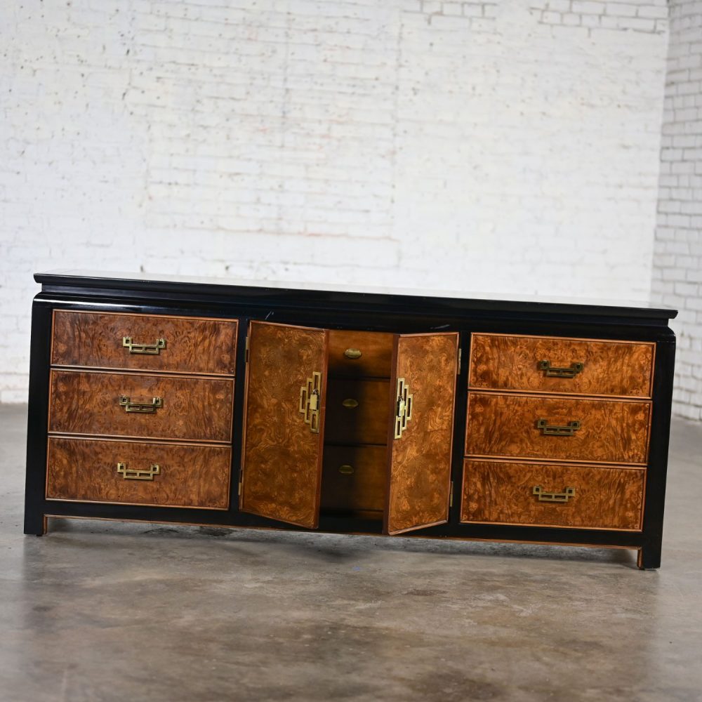 Late 20th Century Chinoiserie Black & Burl Chin Hua Collection Dresser or Sideboard by Raymond K. Sabota for Century Furniture