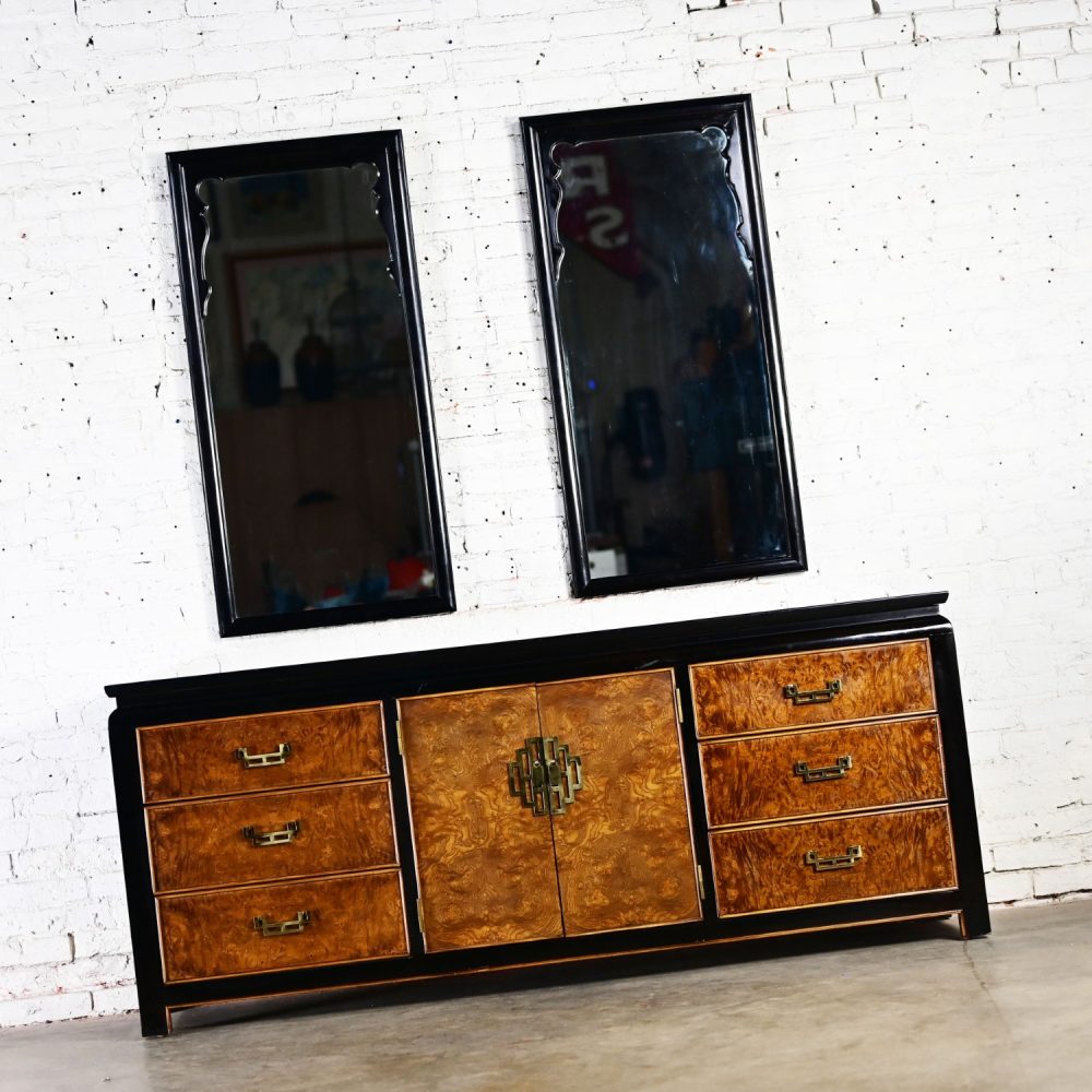 Late 20th Century Chinoiserie Black & Burl Chin Hua Collection Dresser or Sideboard by Raymond K. Sabota for Century Furniture