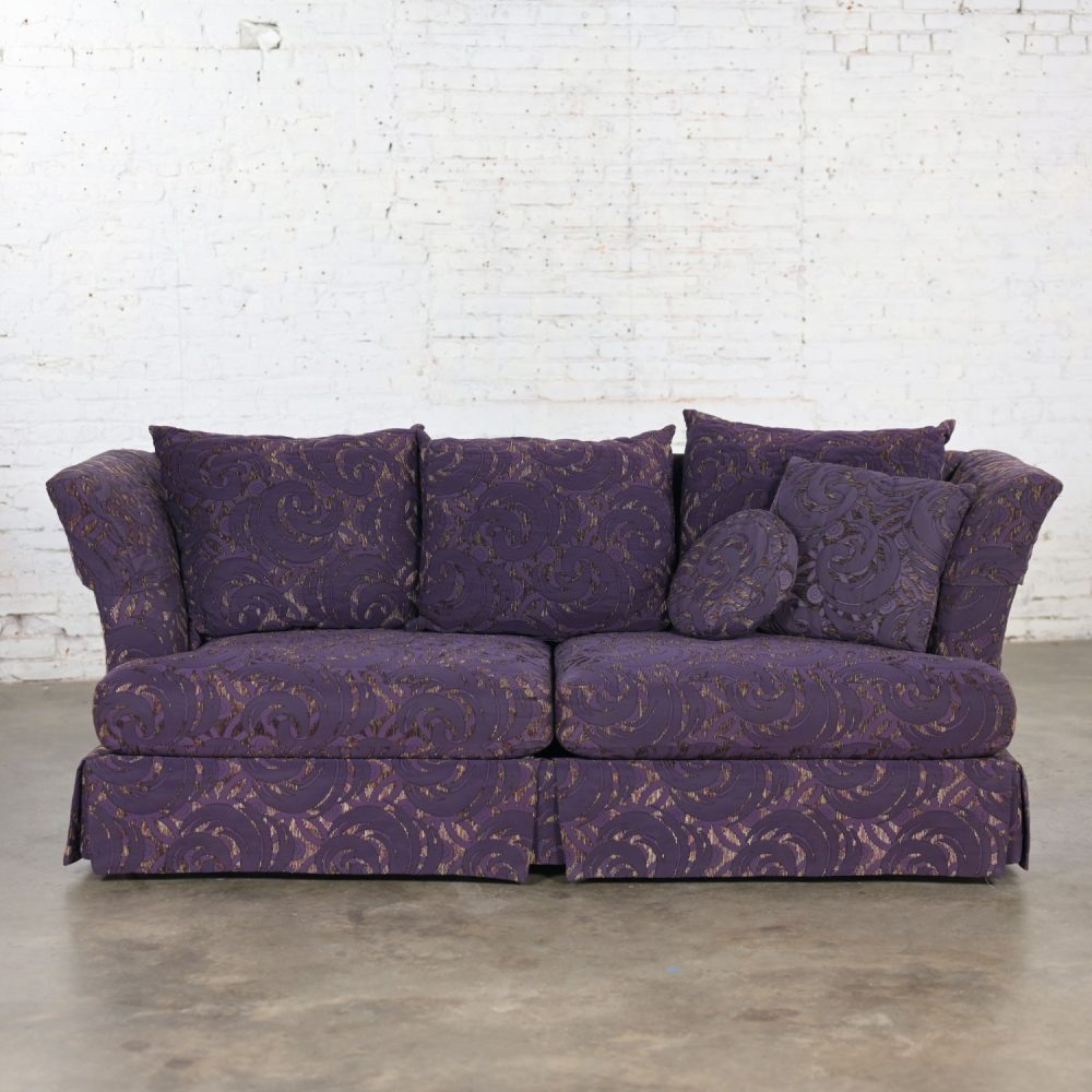 1999 Modern to Hollywood Regency Overscale Modified Tuxedo Sofa with Fantasy Eggplant Fabric