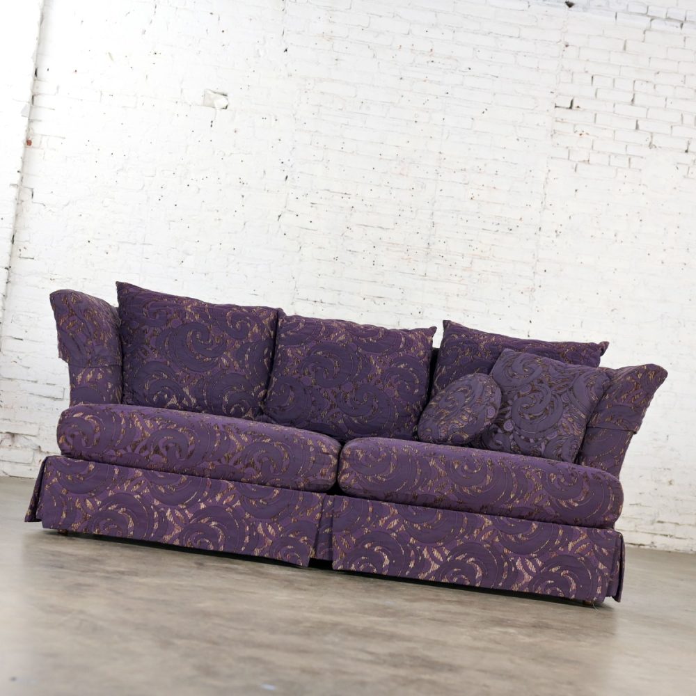 1999 Modern to Hollywood Regency Overscale Modified Tuxedo Sofa with Fantasy Eggplant Fabric