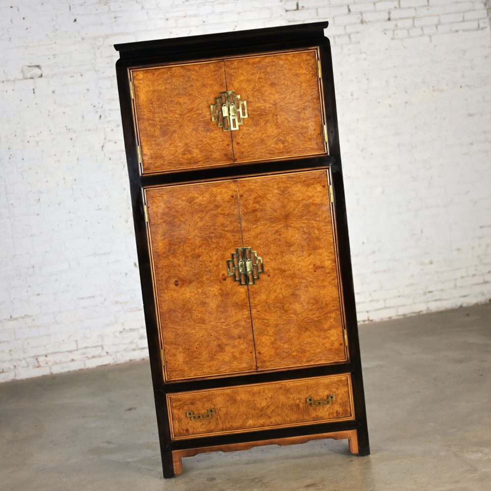 Late 20th Century Chinoiserie Black & Burl Chin Hua Collection Armoire or Entertainment Cabinet by Raymond K. Sabota for Century Furniture