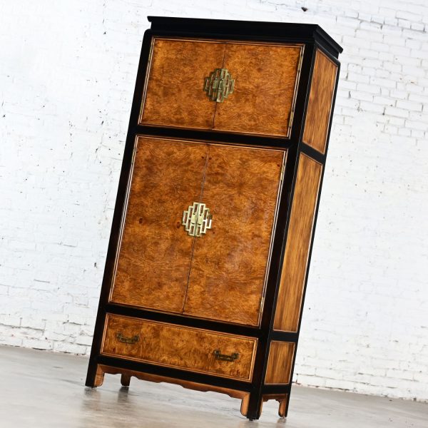 Late 20th Century Chinoiserie Black & Burl Chin Hua Collection Armoire or Entertainment Cabinet by Raymond K. Sabota for Century Furniture