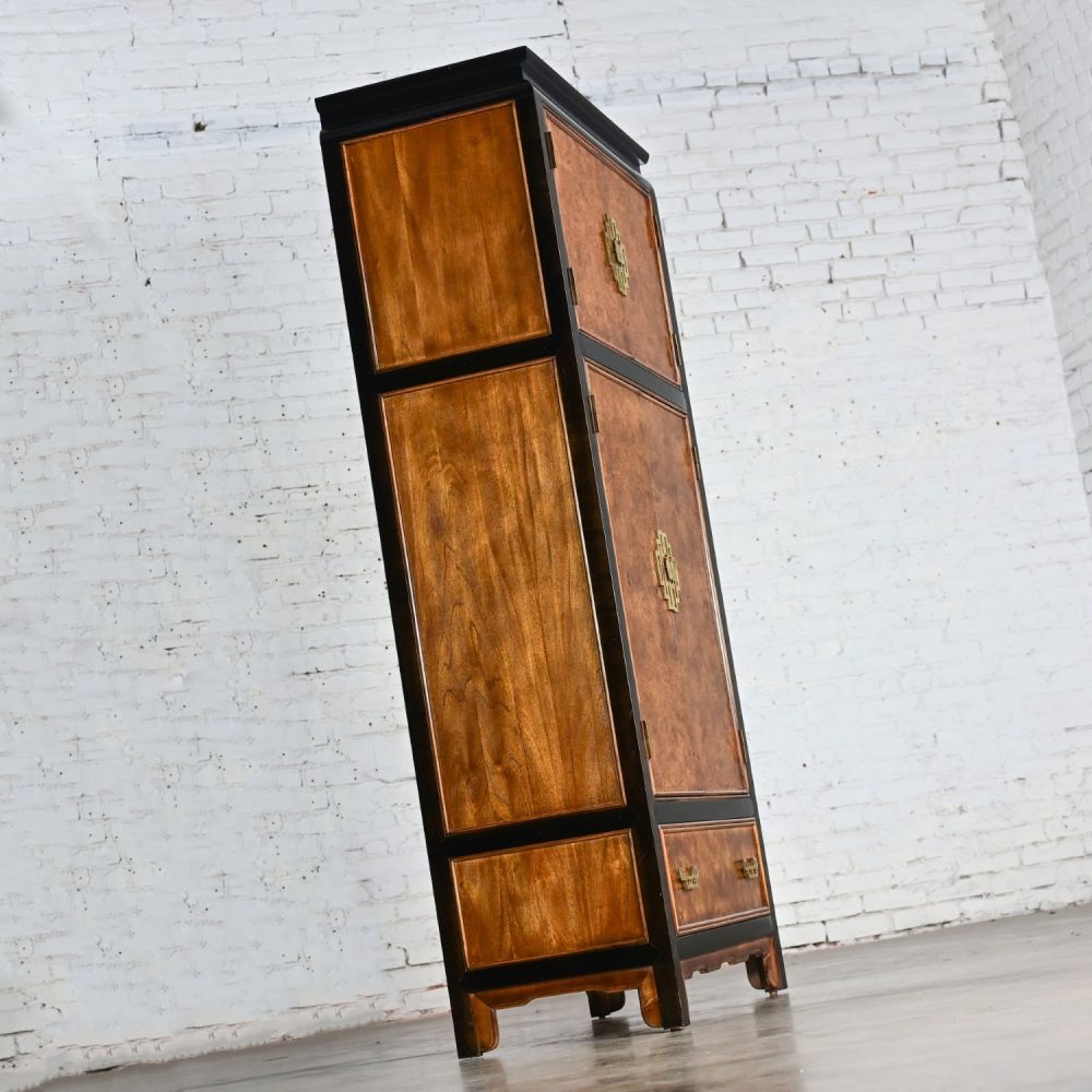 Late 20th Century Chinoiserie Black & Burl Chin Hua Collection Armoire or Entertainment Cabinet by Raymond K. Sabota for Century Furniture