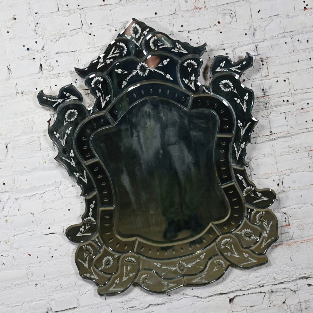 Early to Mid-20th Century Italian Venetian Wall Mirror Cut Glass Sculpted & Engraved Shield Shape