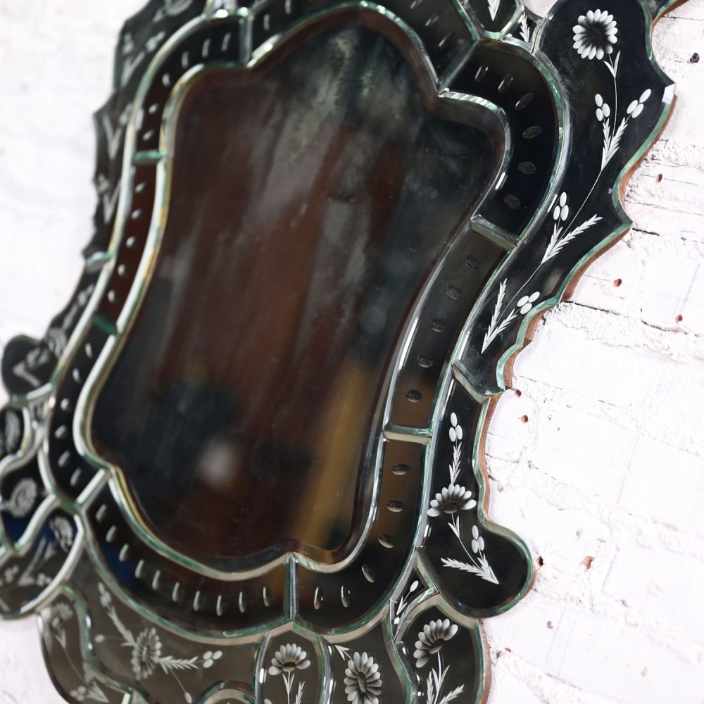 Early to Mid-20th Century Italian Venetian Wall Mirror Cut Glass Sculpted & Engraved Shield Shape