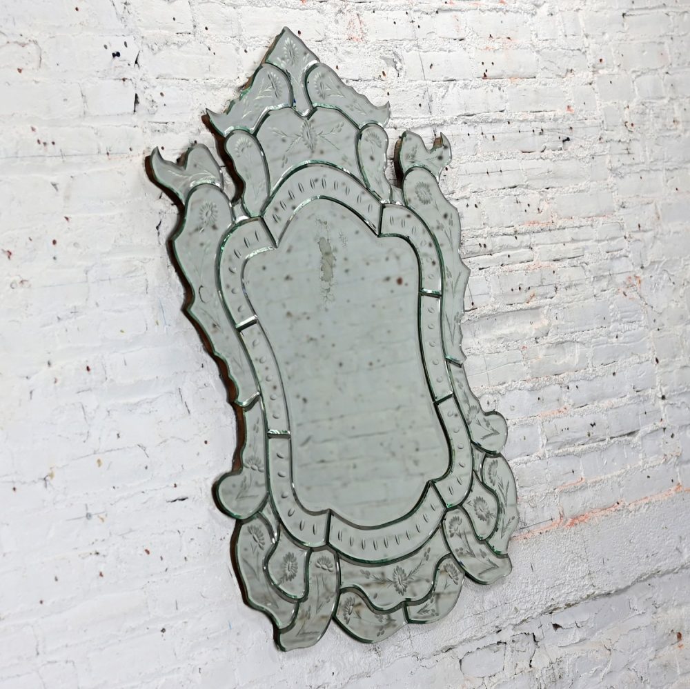 Early to Mid-20th Century Italian Venetian Wall Mirror Cut Glass Sculpted & Engraved Shield Shape