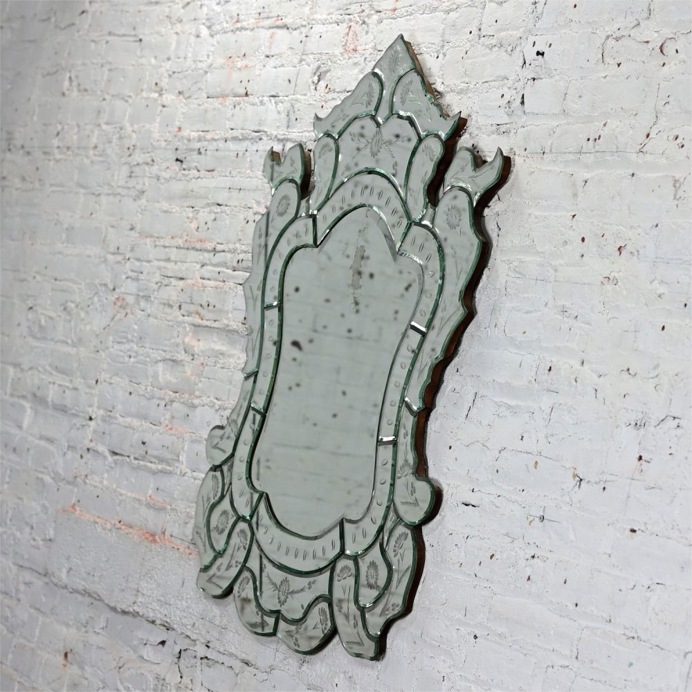 Early to Mid-20th Century Italian Venetian Wall Mirror Cut Glass Sculpted & Engraved Shield Shape