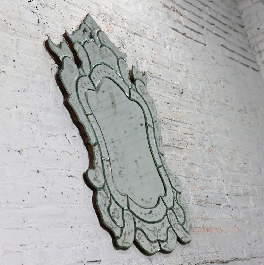 Early to Mid-20th Century Italian Venetian Wall Mirror Cut Glass Sculpted & Engraved Shield Shape