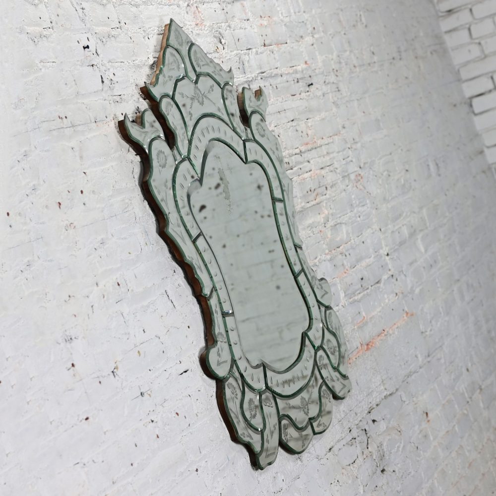 Early to Mid-20th Century Italian Venetian Wall Mirror Cut Glass Sculpted & Engraved Shield Shape