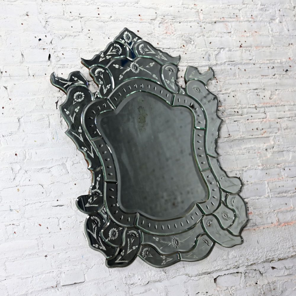 Early to Mid-20th Century Italian Venetian Wall Mirror Cut Glass Sculpted & Engraved Shield Shape