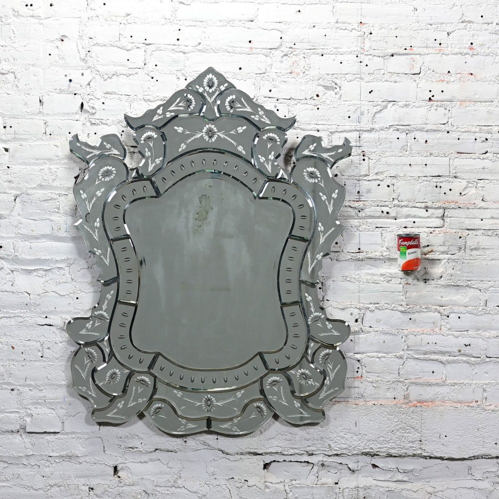 Early to Mid-20th Century Italian Venetian Wall Mirror Cut Glass Sculpted & Engraved Shield Shape