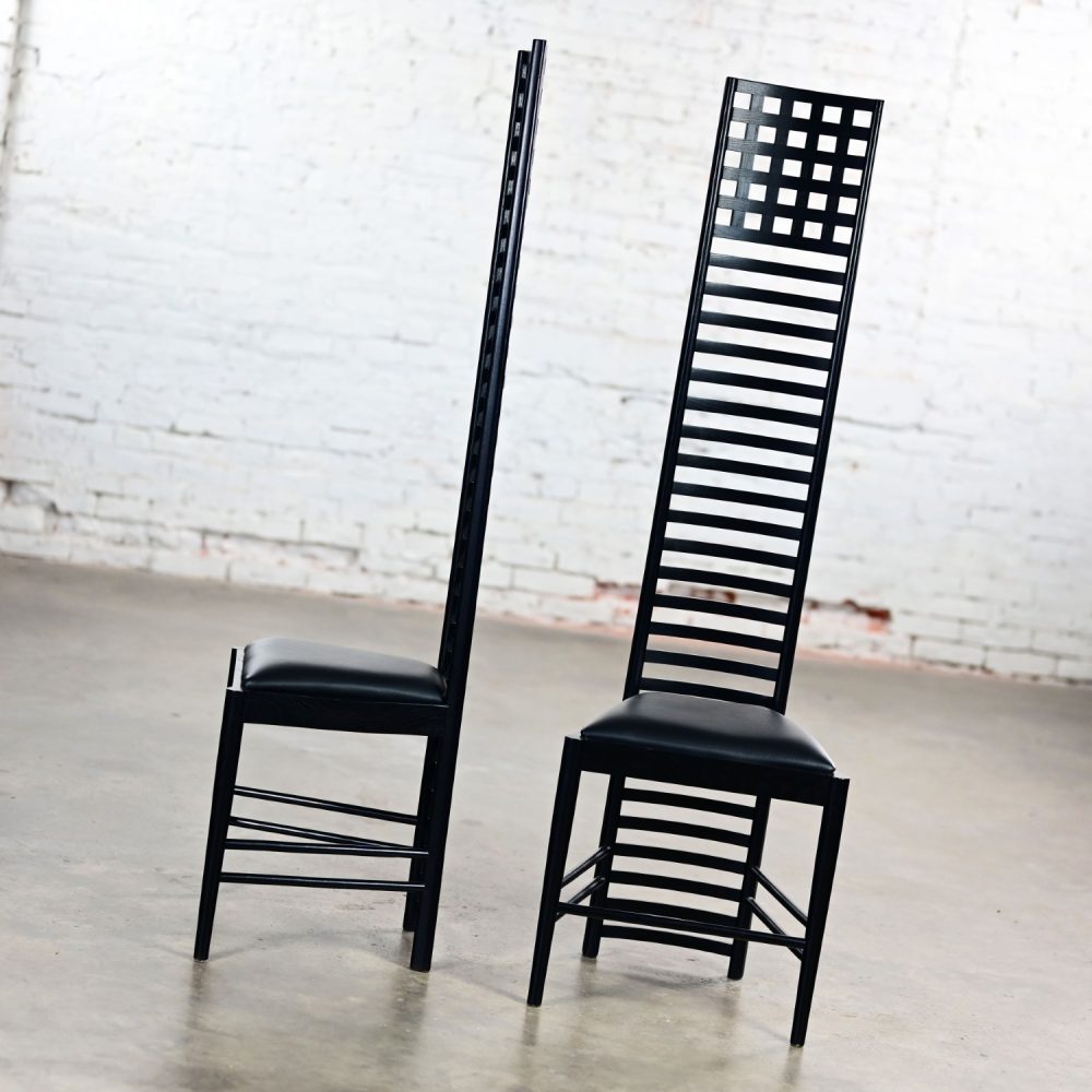 Late 20th Century Art Nouveau Pair of Charles Rennie Mackintosh Hill House Chairs Black Leather & Frames