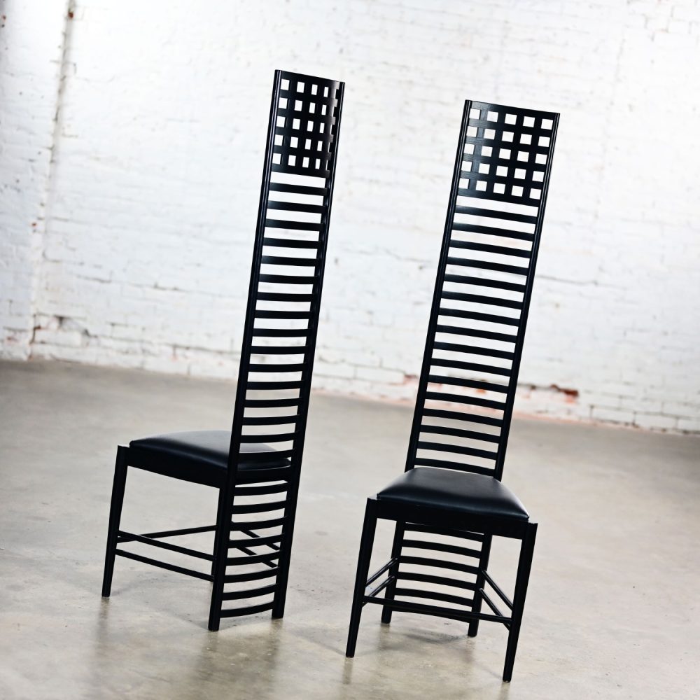 Late 20th Century Art Nouveau Pair of Charles Rennie Mackintosh Hill House Chairs Black Leather & Frames