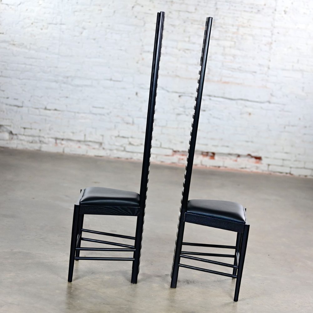 Late 20th Century Art Nouveau Pair of Charles Rennie Mackintosh Hill House Chairs Black Leather & Frames