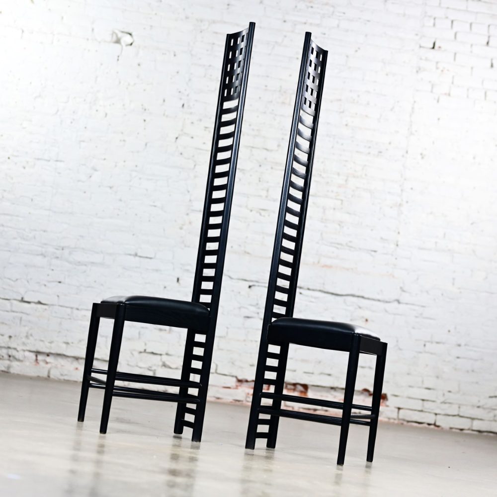 Late 20th Century Art Nouveau Pair of Charles Rennie Mackintosh Hill House Chairs Black Leather & Frames