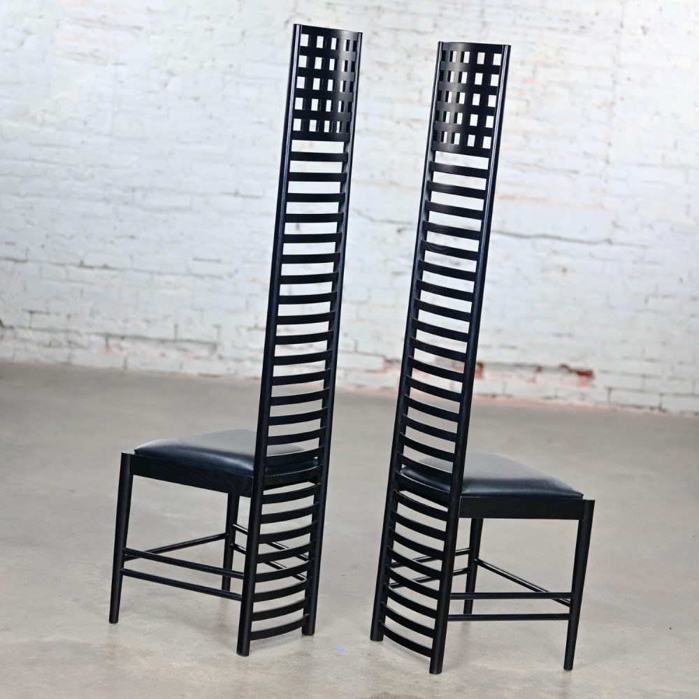 Late 20th Century Art Nouveau Pair of Charles Rennie Mackintosh Hill House Chairs Black Leather & Frames