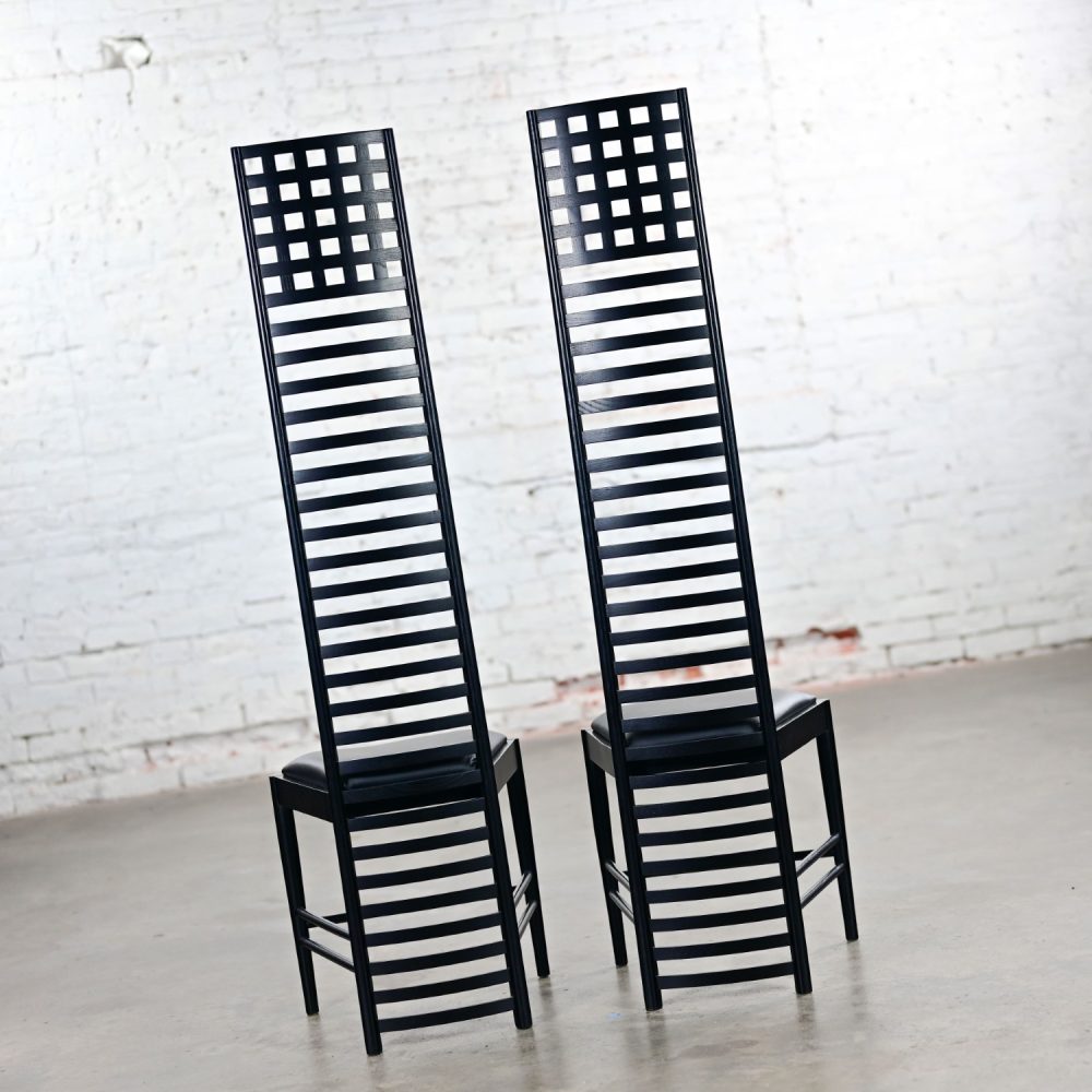 Late 20th Century Art Nouveau Pair of Charles Rennie Mackintosh Hill House Chairs Black Leather & Frames