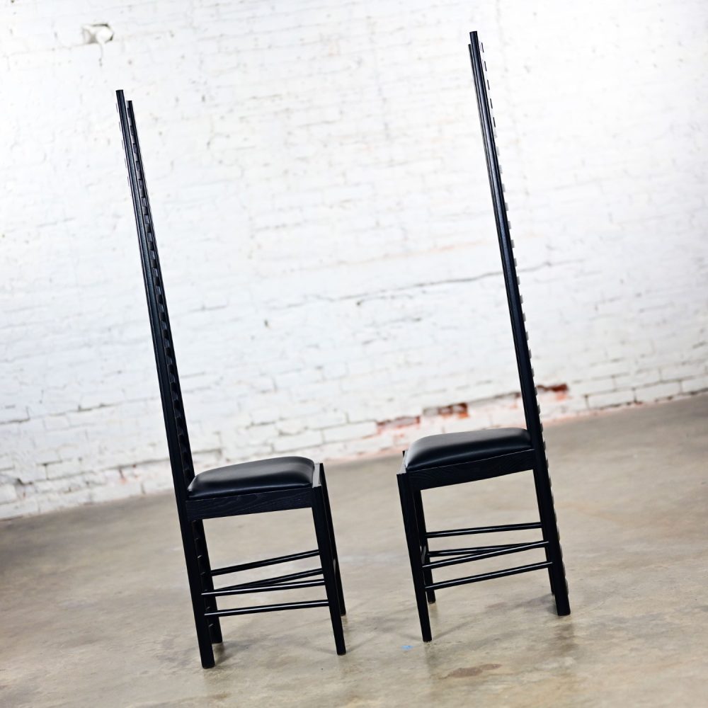 Late 20th Century Art Nouveau Pair of Charles Rennie Mackintosh Hill House Chairs Black Leather & Frames